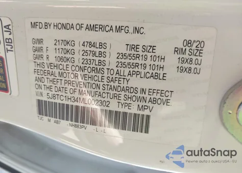 2021 Acura Rdx Standard from USA, damaged, VIN 5J8TC1H34ML002302